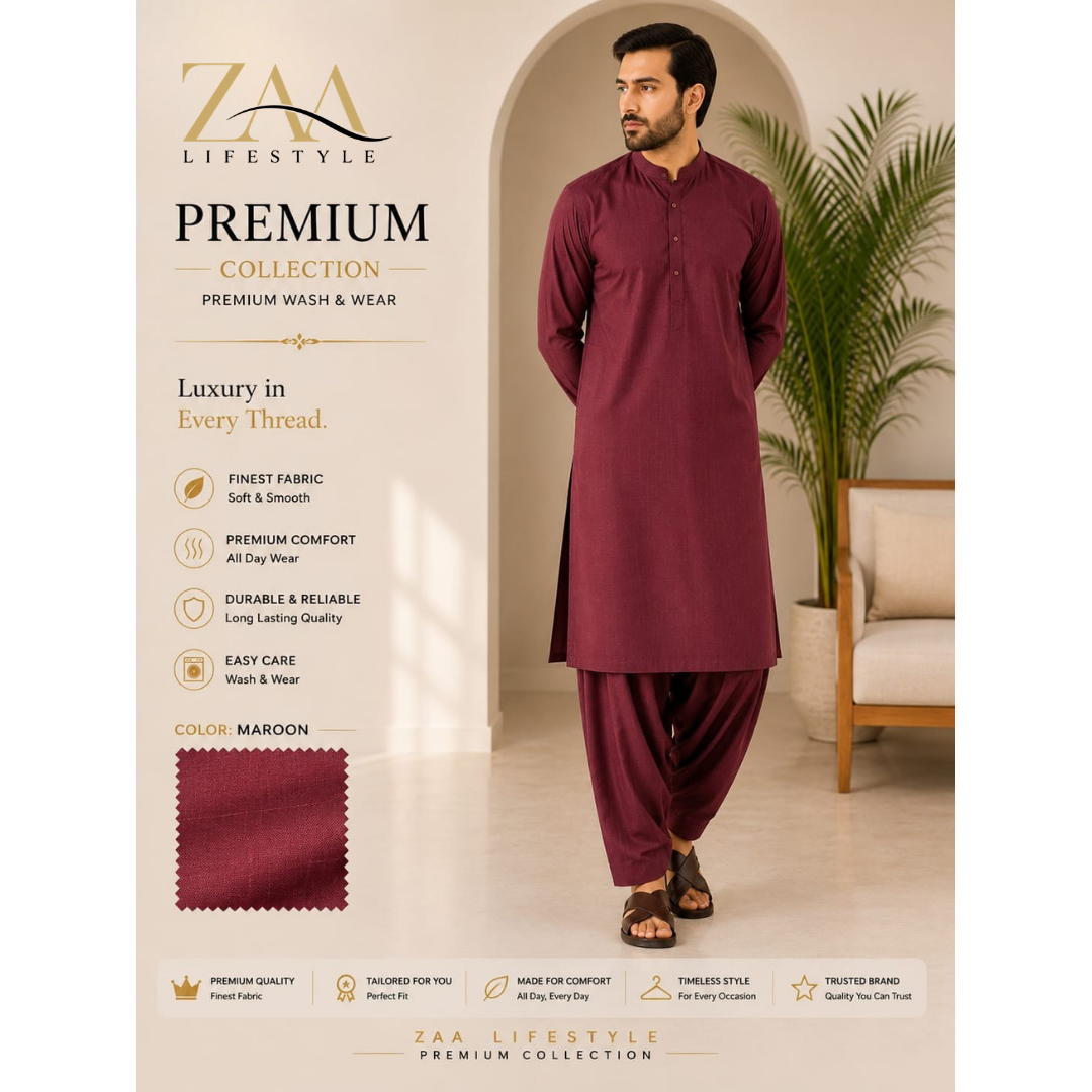 ZAA Lifestyle Premium Wash & Wear Maroon Unstitched Suit