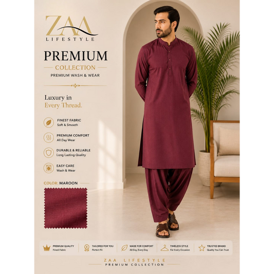 ZAA Lifestyle Premium Wash & Wear Maroon Unstitched Suit