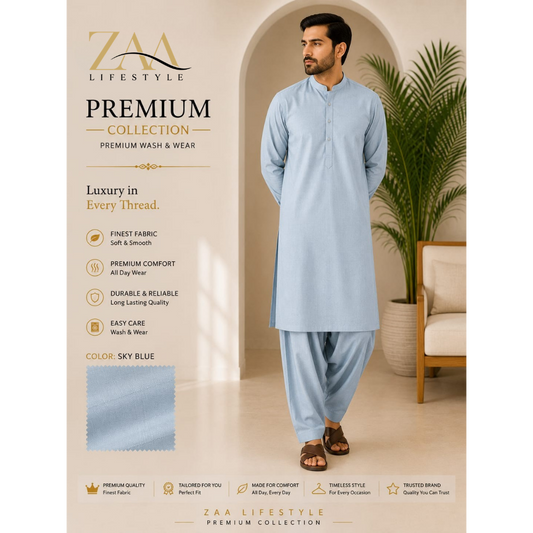 ZAA Lifestyle Premium Wash & Wear Sky Blue Unstitched Suit