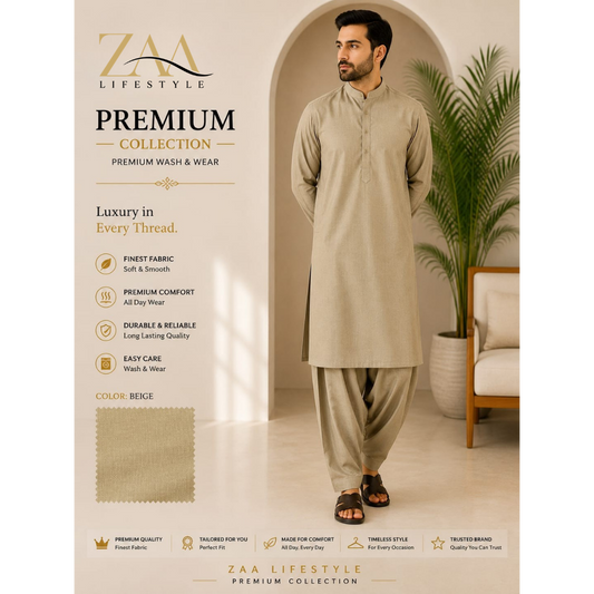 ZAA Lifestyle Premium Wash & Wear Beige Unstitched Suit.