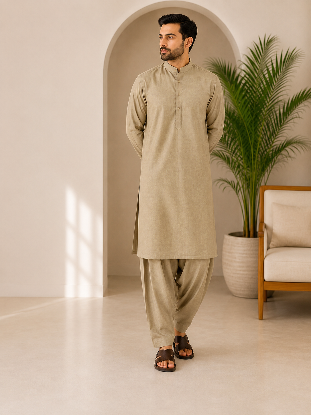 ZAA Lifestyle Premium Wash & Wear Beige Unstitched Suit.