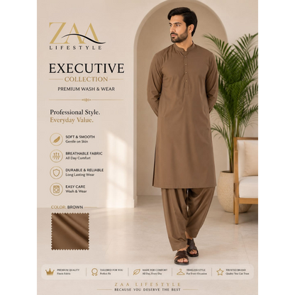 ZAA Lifestyle Executive Wash & Wear Brown Unstitched Suit