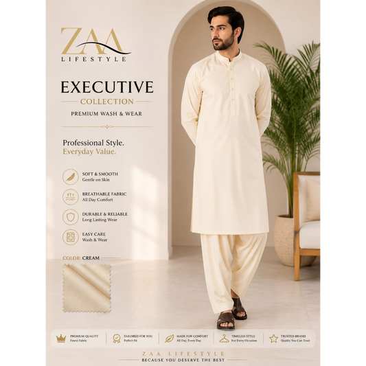 ZAA Lifestyle Executive Wash & Wear Cream Unstitched Suit