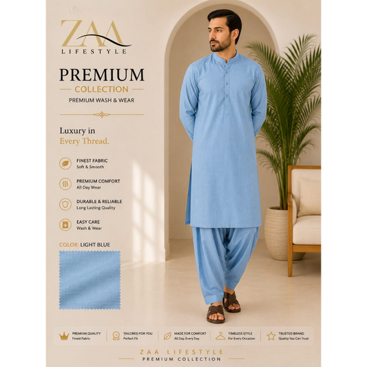 ZAA Lifestyle Premium Wash & Wear Light Blue Unstitched Suit