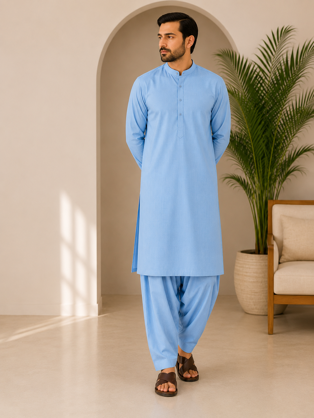 ZAA Lifestyle Premium Wash & Wear Light Blue Unstitched Suit