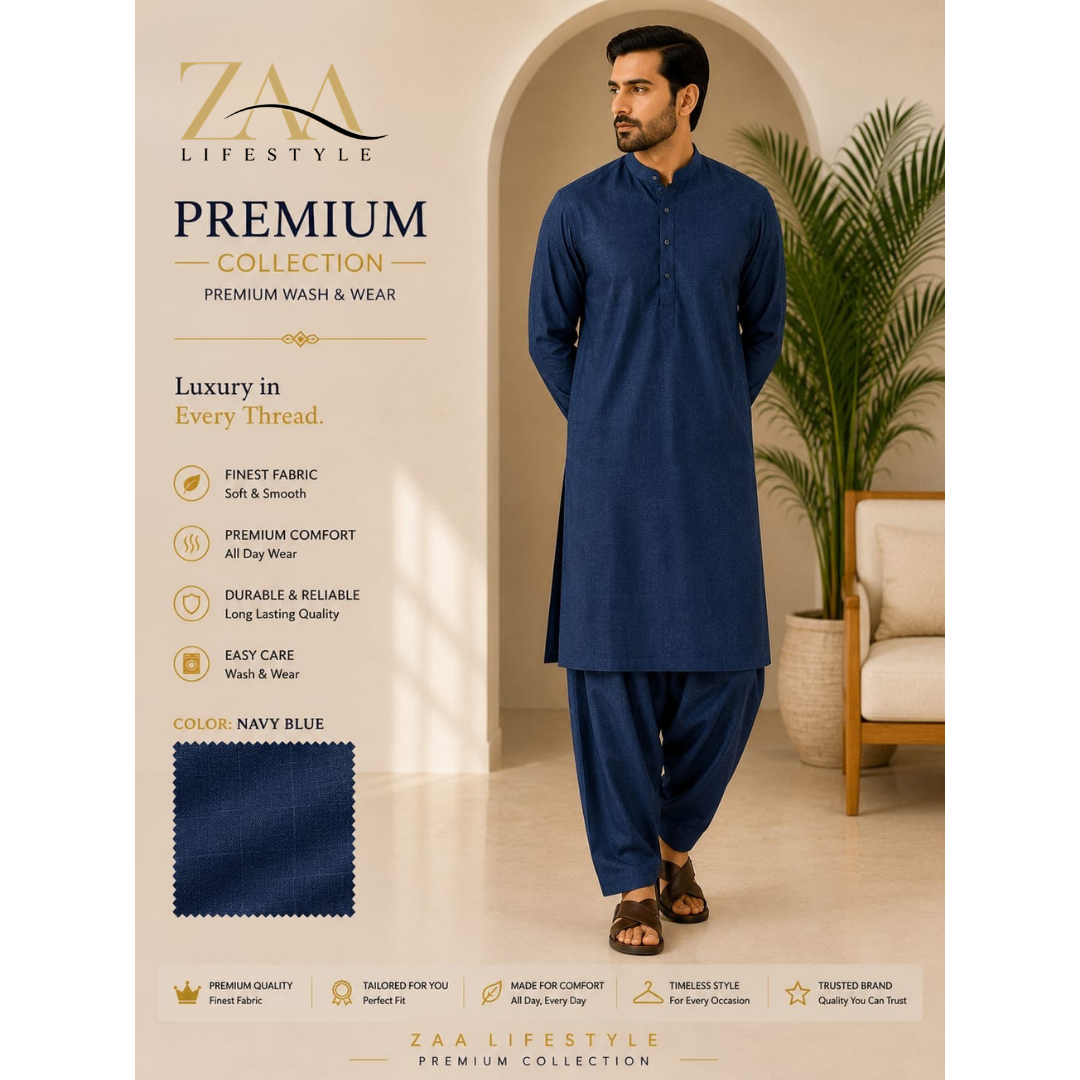 ZAA Lifestyle Premium Wash & Wear Navy Blue Unstitched Suit