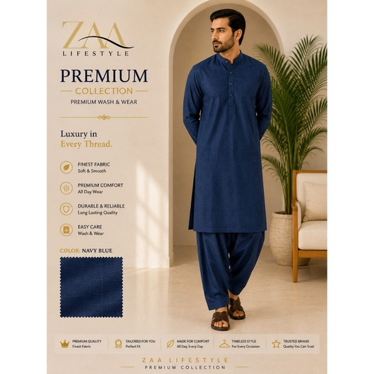 ZAA Lifestyle Premium Wash & Wear Navy Blue Unstitched Suit