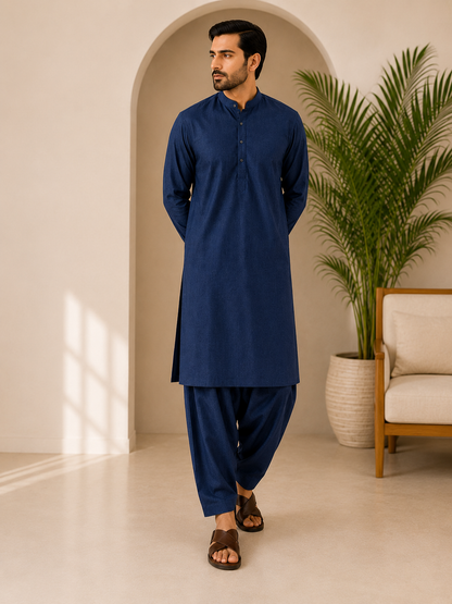 ZAA Lifestyle Premium Wash & Wear Navy Blue Unstitched Suit