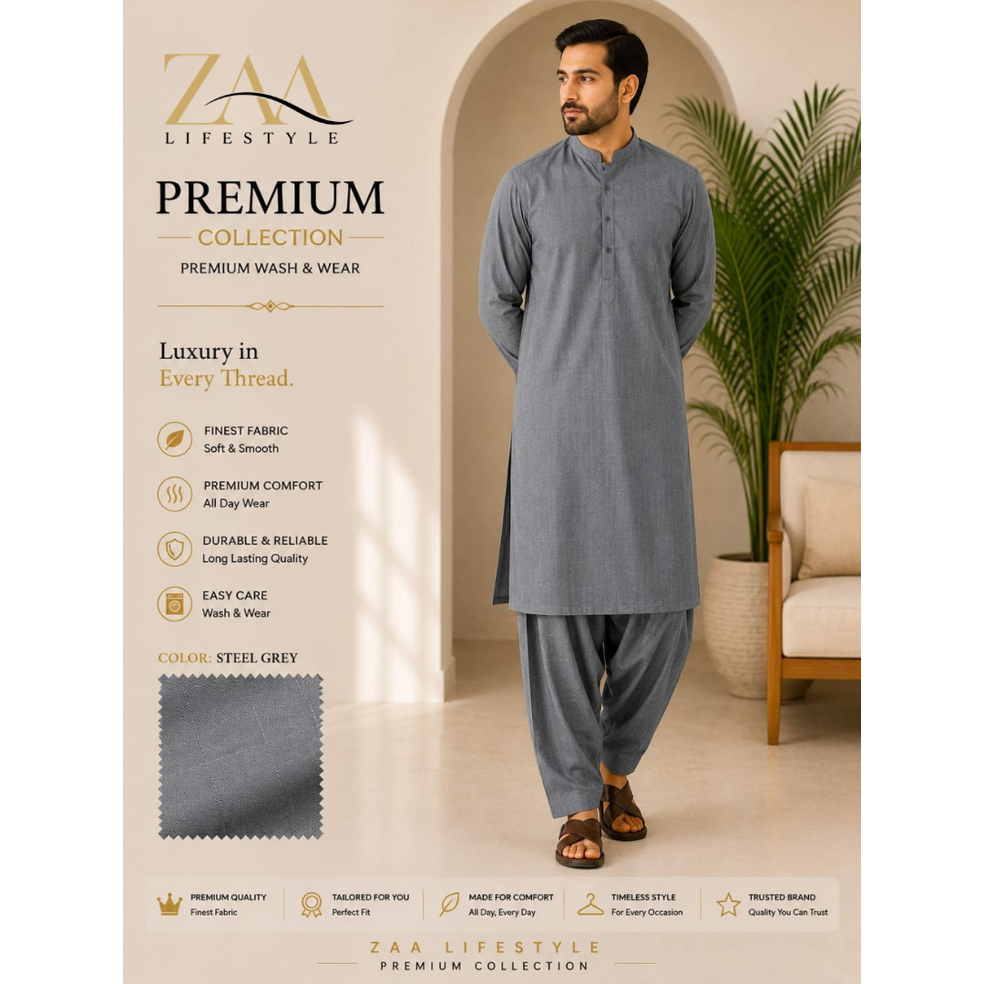 ZAA Lifestyle Premium Wash & Wear Steel Grey Unstitched Suit