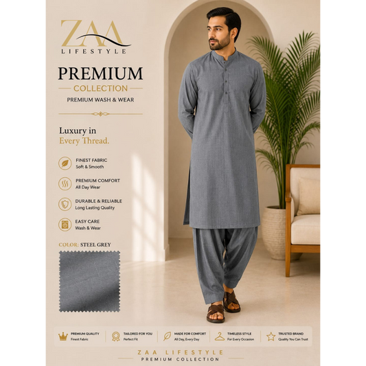 ZAA Lifestyle Premium Wash & Wear Steel Grey Unstitched Suit